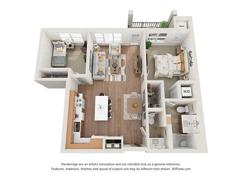 Floor plan for 2 beds, 1.5 baths, 937 sqft